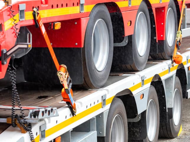 truck carrying another truck with restraint system visible