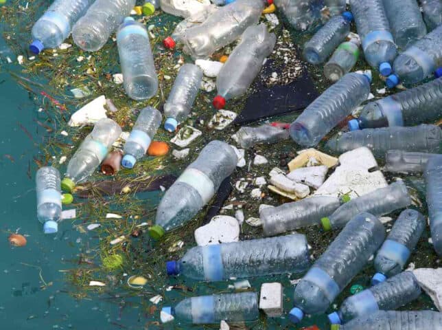 Plastic bottles in water way