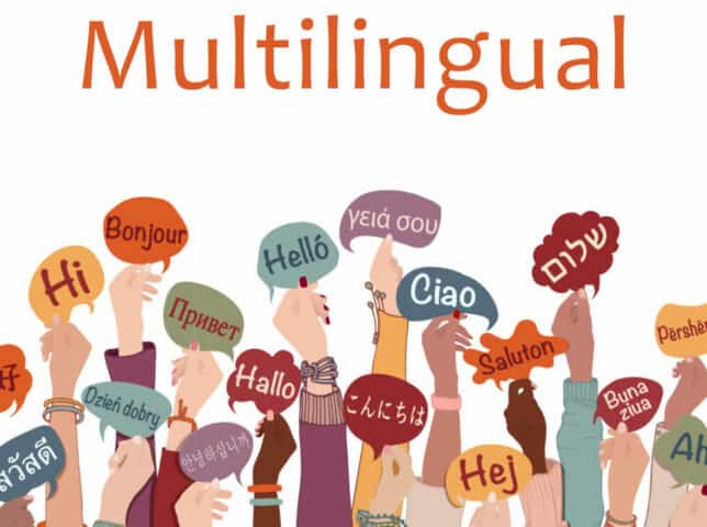 Hands in the air with holding signs with different languages