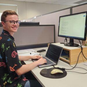Lachlan working on the computer 